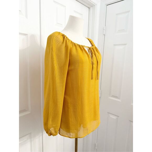 Tory Burch Womens Yellow Natalie Grid Textured Georgette Blouse Top Blouse XS - Picture 2 of 5